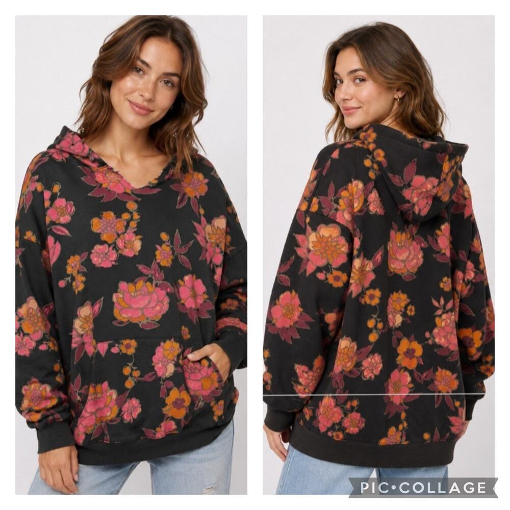 Natural Life Black Floral Oversized Hoodie Sweatshirt Boho Size Medium